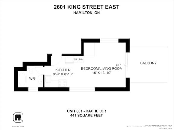 A black and white floor plan for a unit at 2601 King Street East in Hamilton, Ontario.