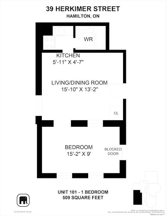 A black and white diagram of a one bedroom apartment.