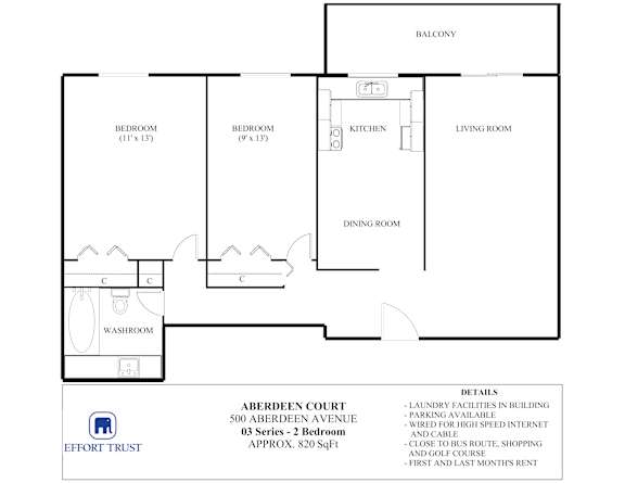 A floor plan for a 2 bedroom apartment at Aberdeen Court.
