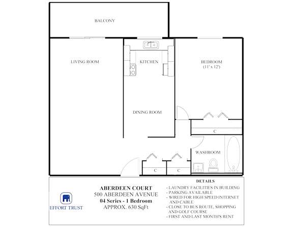 A floor plan for a 1 bedroom apartment at Aberdeen Court.