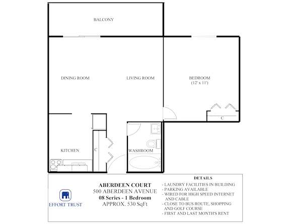A floor plan for a 1 bedroom apartment in Aberdeen Court.