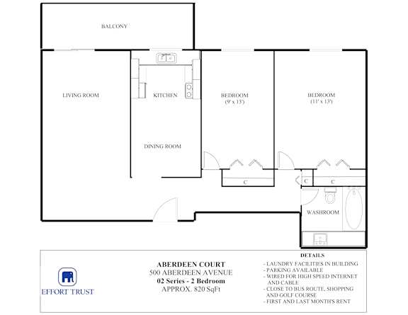 A floor plan for a 2 bedroom apartment at Aberdeen Court.