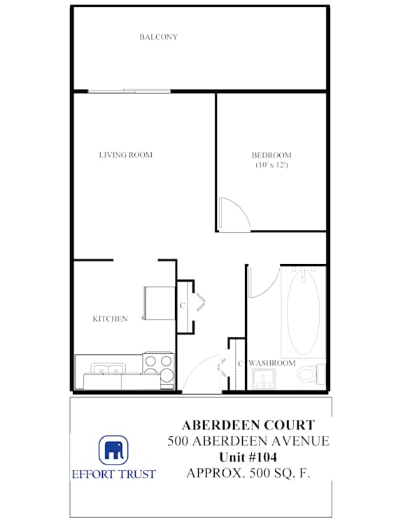 A floor plan of an apartment with a living room, bedroom, kitchen, and washroom.