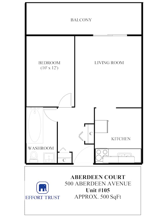 A floor plan of a property with a living room, bedroom, kitchen and washroom.