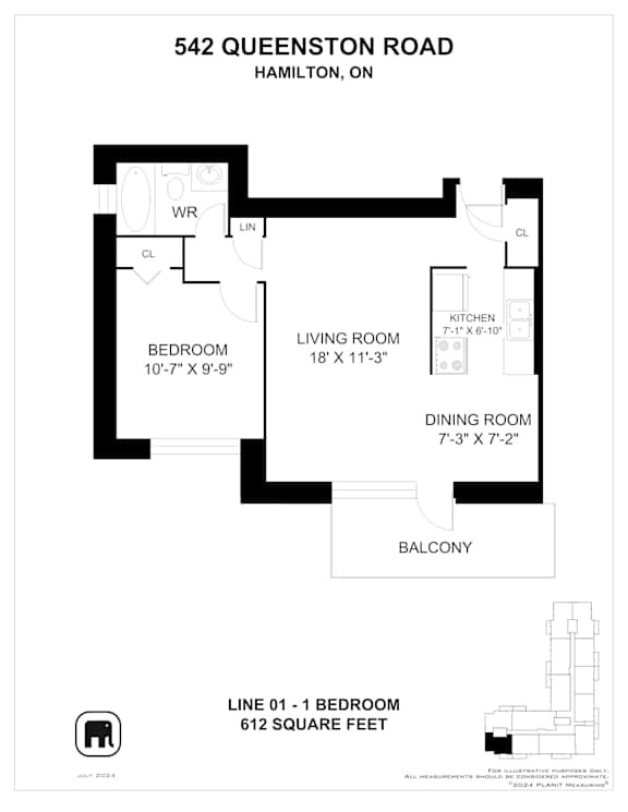 A floor plan for a 612 square foot condo at 542 Queenston Road in Hamilton, Ontario.
