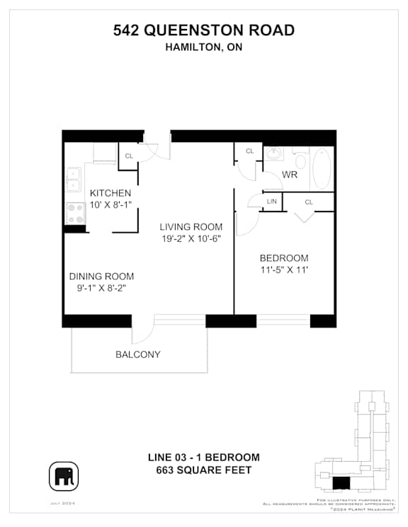 A floor plan for a one bedroom apartment at 542 Queenston Road in Hamilton, Ontario.