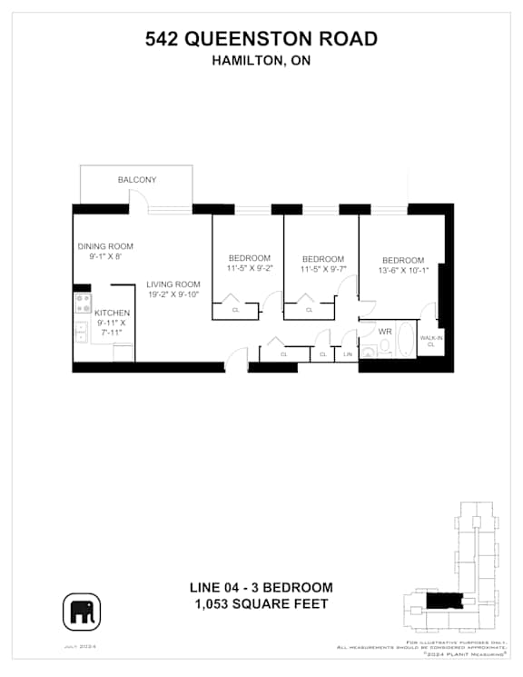 A floor plan for a home at 542 Queenston Road in Hamilton, Ontario.