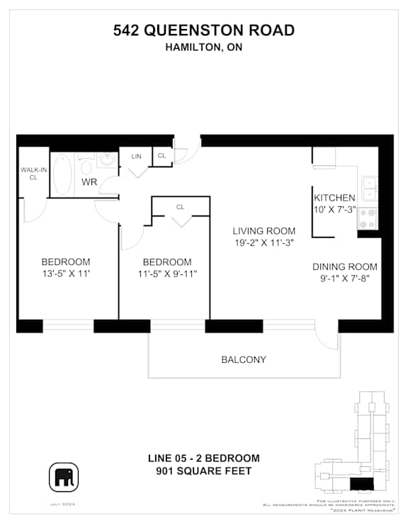 A floor plan for a home at 542 Queenston Road in Hamilton, Ontario.