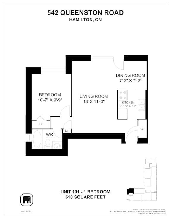 A floor plan for a unit at 542 Queenston Road in Hamilton, Ontario.