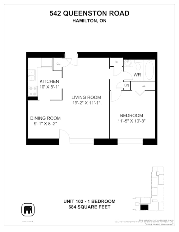 A floor plan for a 684 square foot unit at 542 Queenston Road in Hamilton, Ontario.