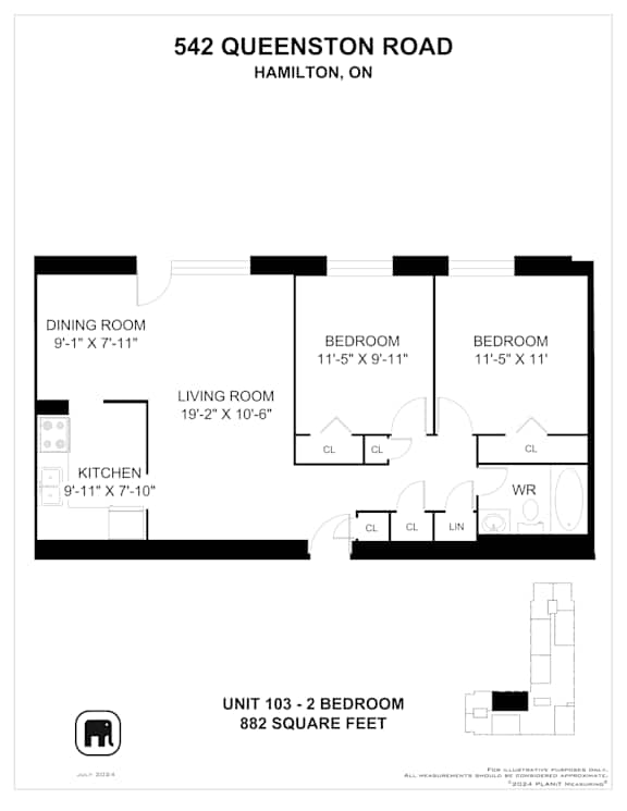 A floor plan for a 2 bedroom apartment at 542 Queenston Road, Hamilton, ON.