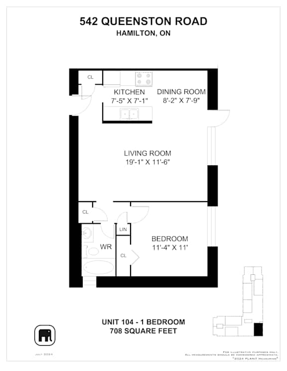 A floor plan for a 708 square foot unit at 542 Queenston Road in Hamilton, Ontario.
