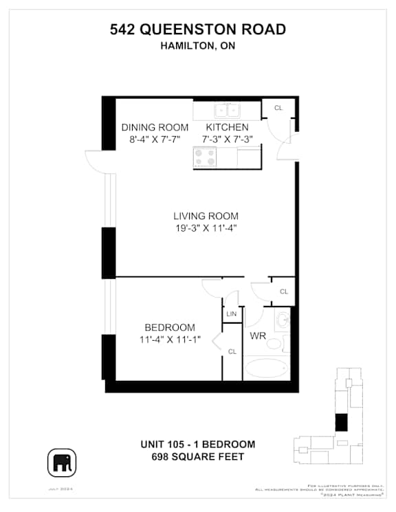 A black and white image of a floor plan for a unit at 542 Queenston Road in Hamilton, Ontario.
