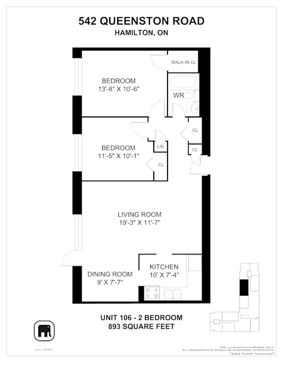 A floor plan for a 2 bedroom apartment at 542 Queenston Road, Hamilton, ON.