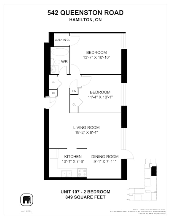 A floor plan for a 2 bedroom apartment at 542 Queenston Road, Hamilton, ON.