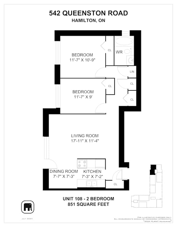 A floor plan for a unit at 542 Queenston Road in Hamilton, Ontario, Canada.
