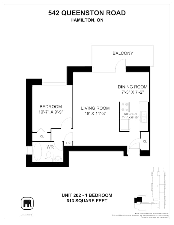 A floor plan for a unit at 542 Queenston Road in Hamilton, Ontario, Canada.