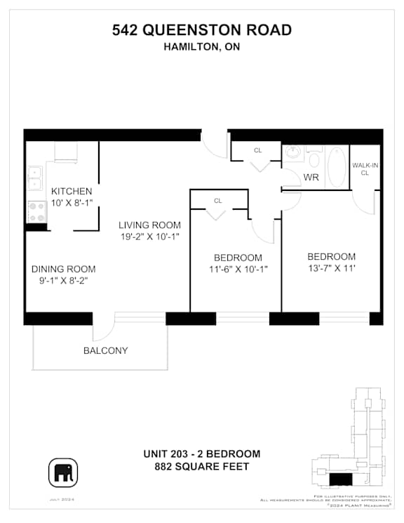 A floor plan for a 2 bedroom apartment at 542 Queenston Road in Hamilton, Ontario.