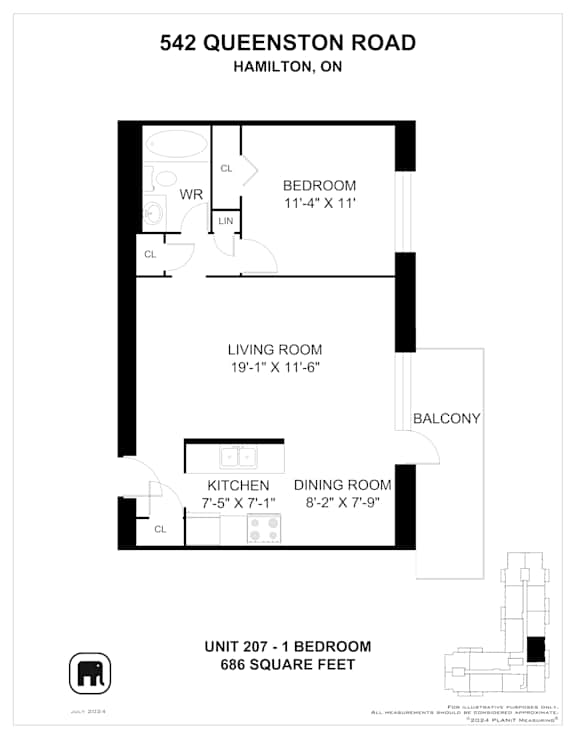 A floor plan for a unit at 542 Queenston Road in Hamilton, Ontario.