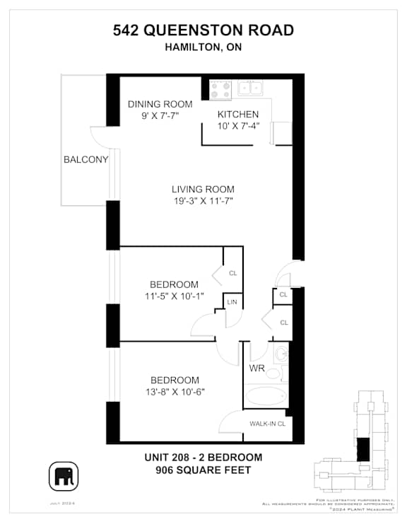 A floor plan for a 2 bedroom apartment at 542 Queenston Road, Hamilton, ON.
