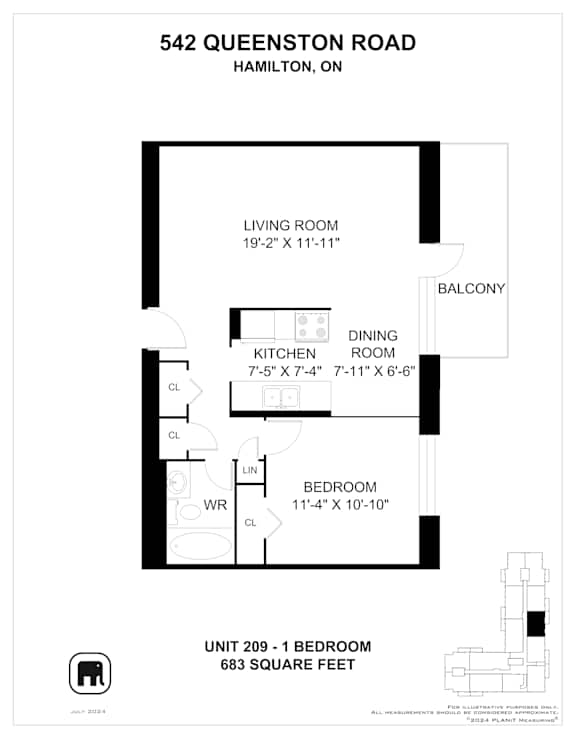 A floor plan for a 1 bedroom apartment at 542 Queenston Road, Hamilton, ON.