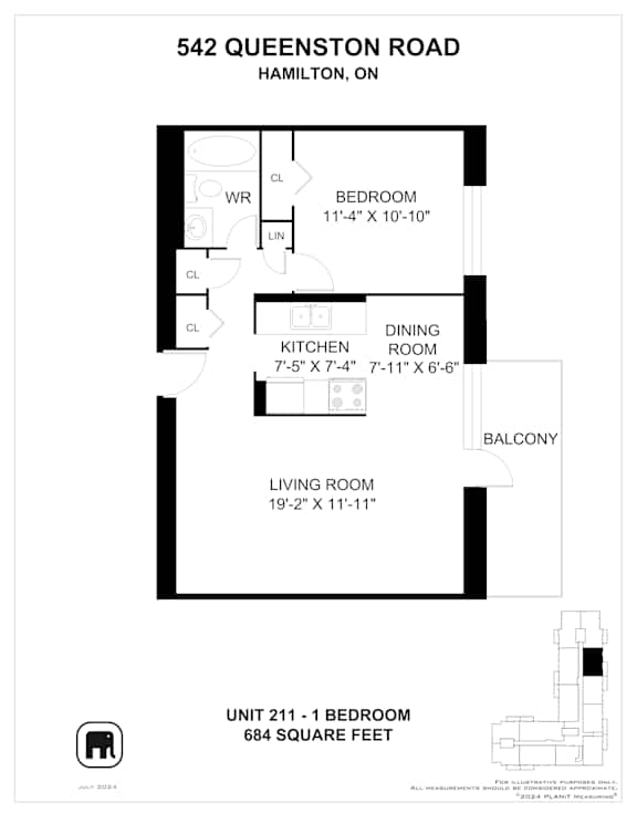 A floor plan for a 1-bedroom apartment at 542 Queenston Road in Hamilton, Ontario.