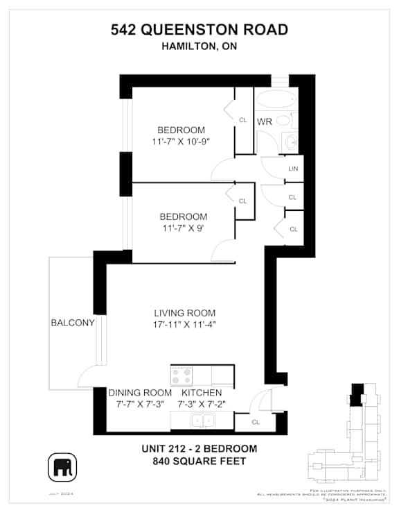 A floor plan for a 2 bedroom apartment at 542 Queenston Road, Hamilton, ON.
