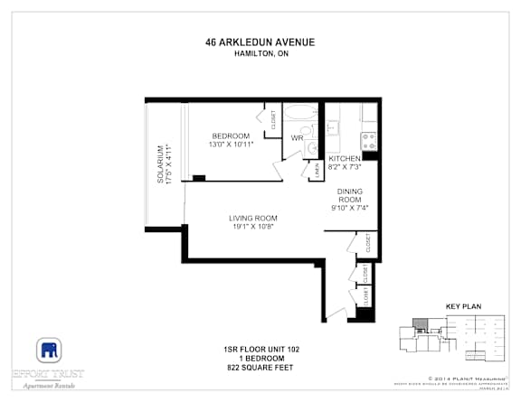 A floor plan for a 1 bedroom apartment at 46 Arkledun Avenue, Hamilton, Ontario.