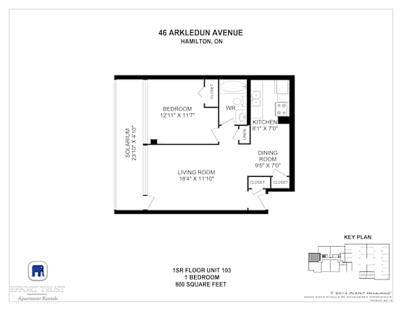 A floor plan for a 1 bedroom apartment at 46 Arkle