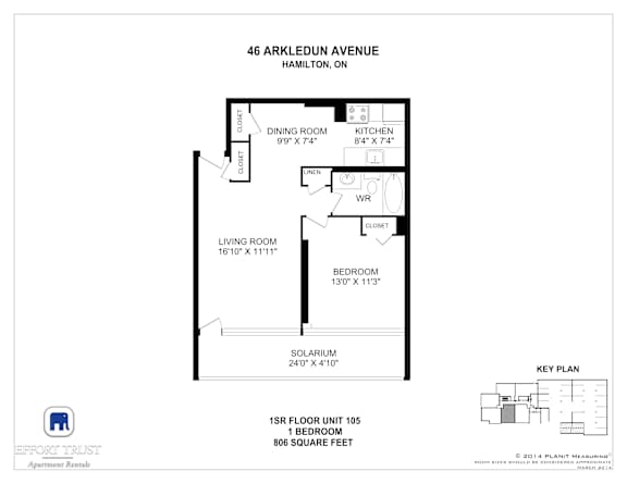 A floor plan for a 1 bedroom apartment at 46 Arkledun Avenue, Hamilton, Ontario.