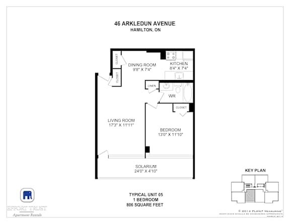 A floor plan for a 1 bedroom apartment at 46 Arkledun Avenue, Hamilton, Ontario.