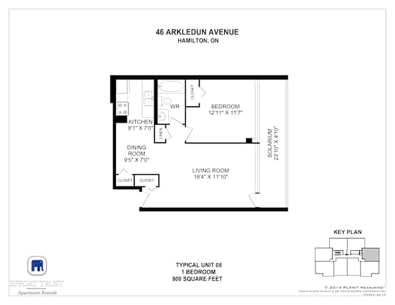 A drawing of a floor plan for a 1 bedroom apartment.