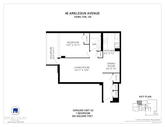 A floor plan for a 1 bedroom apartment at 46 Arkledun Avenue, Hamilton, Ontario.