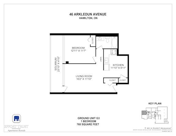 A floor plan for a 1 bedroom apartment at 46 Arkledun Avenue, Hamilton, Ontario.