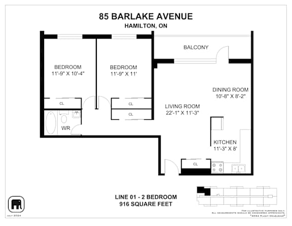 A floor plan for a home at 85 Barlake Avenue in Hamilton, ON, showing two bedrooms, a living room, a dining room, a kitchen, and a balcony.