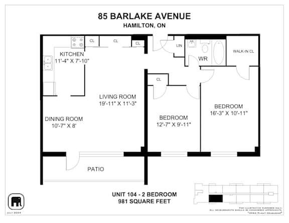 A floor plan for a unit at 85 Barlake Avenue, Hamilton, ON, showing a living room, dining room, kitchen, and two bedrooms.