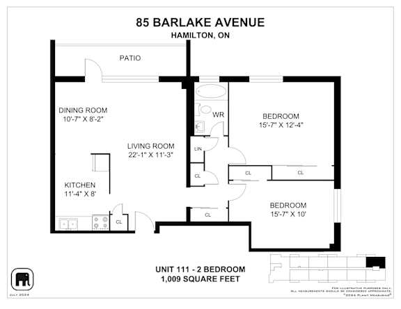 A floor plan for a unit at 85 Barlake Avenue, Hamilton, ON, showing a living room, dining room, kitchen, and three bedrooms.