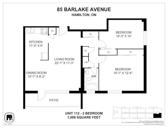 A floor plan for a unit at 85 Barlake Avenue, Hamilton, ON, showing a living room, dining room, kitchen, and two bedrooms.