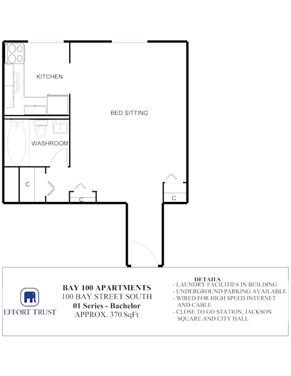 A floor plan of an apartment with a kitchen, bed sitting and washroom.