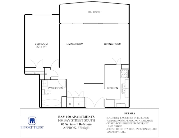 A floor plan for Bay 100 Apartments shows a bedroom, living room, dining room, kitchen, and bathroom.
