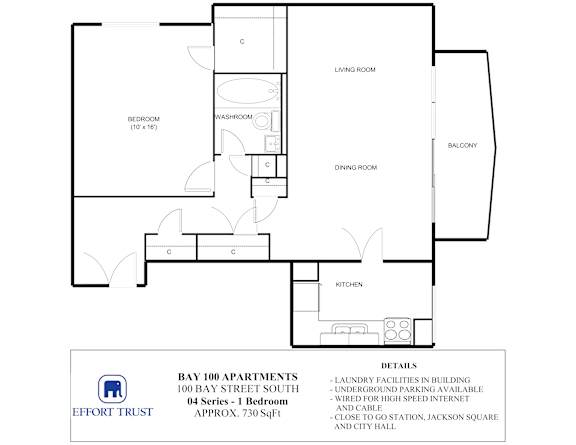 A floor plan of the Bay 100 Apartments with details about the building.