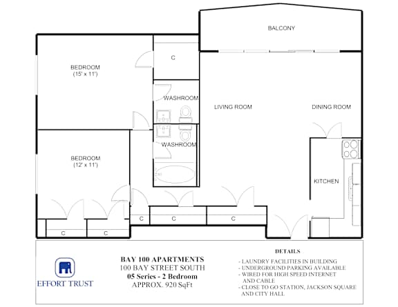 A floor plan for the Bay 100 Apartments shows two bedrooms, a living room, a dining room, a kitchen, and a balcony.