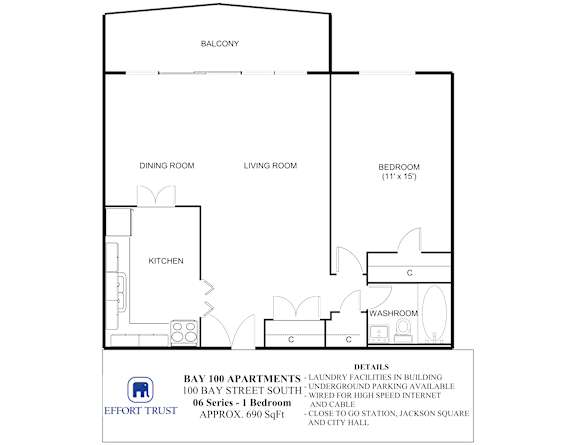 A floor plan of an apartment with a laundry facility in the building.