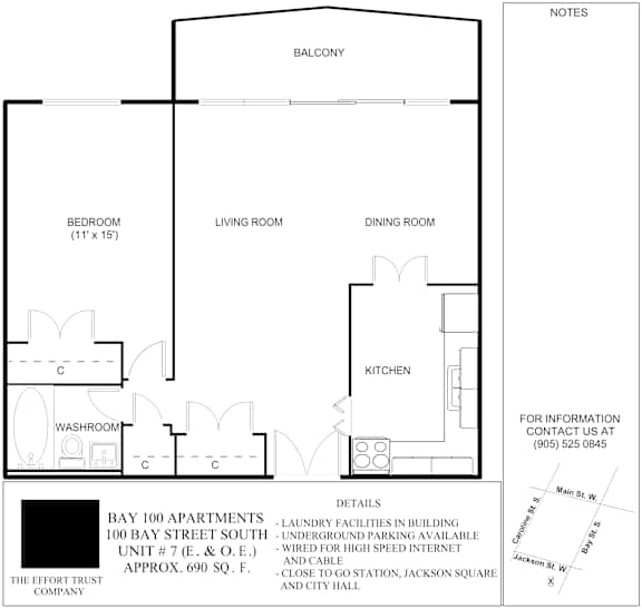A floor plan for Bay 100 Apartments shows a living room, dining room, kitchen, and bedroom.