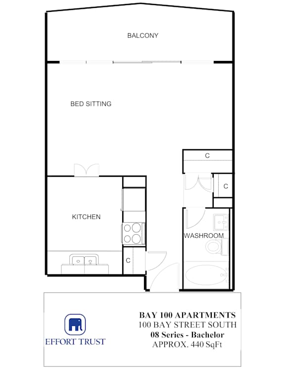 A floor plan for Bay 100 Apartments shows a bed sitting area, a kitchen, a washroom and a balcony.