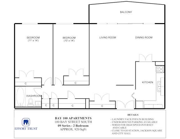 A floor plan of the Bay 100 Apartments.