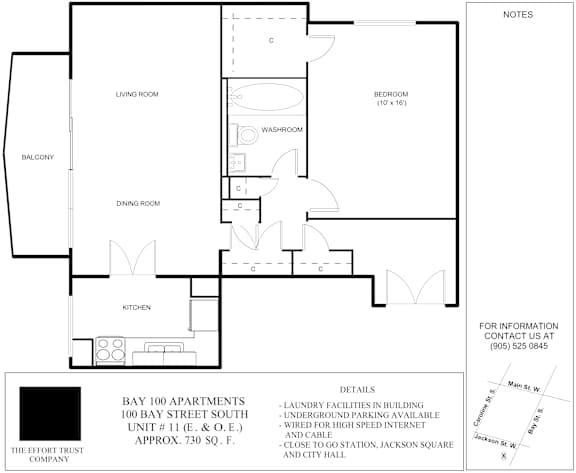 A floor plan for Bay 100 Apartments shows a living room, a dining room, a kitchen, a washroom, and a bedroom.