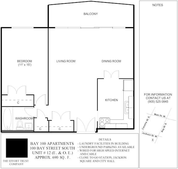 A floor plan for 100 Bay Street South shows the layout of the bedroom, living room, dining room, kitchen and washroom.