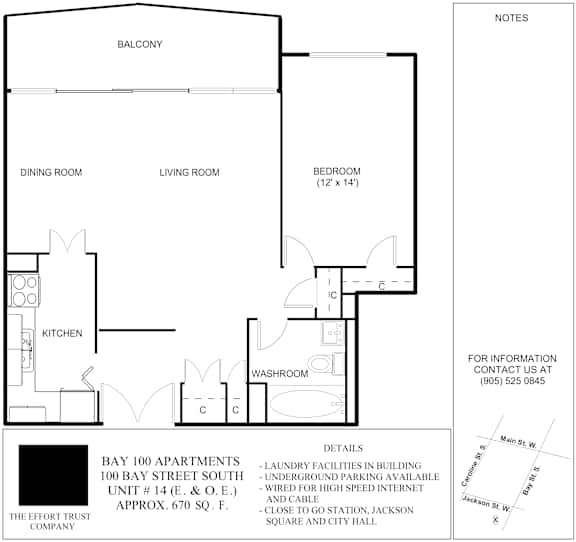 A floor plan for 100 Bay Street South shows a bedroom, living room, dining room, kitchen, and washroom.