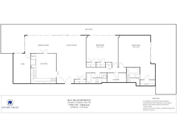 A floor plan of the Bay 100 Apartments showing the layout of the rooms.